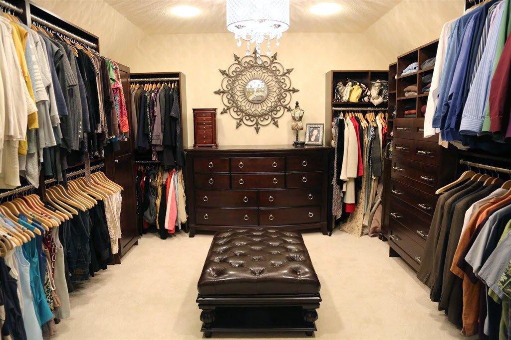 walk-in closet, man closet, leather bench